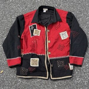 Coldwater Creek Boho Patchwork Embroidered Jacket Red Black Womens 2X